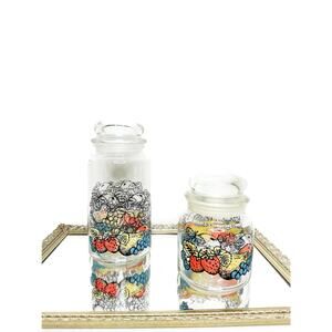 Set of Two Rare Vintage Anchor Hocking Glass Jars with Fruit Motif